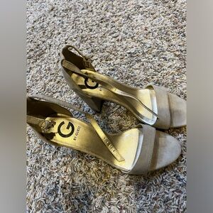 GUESS Tan Suede Open Toe Heels